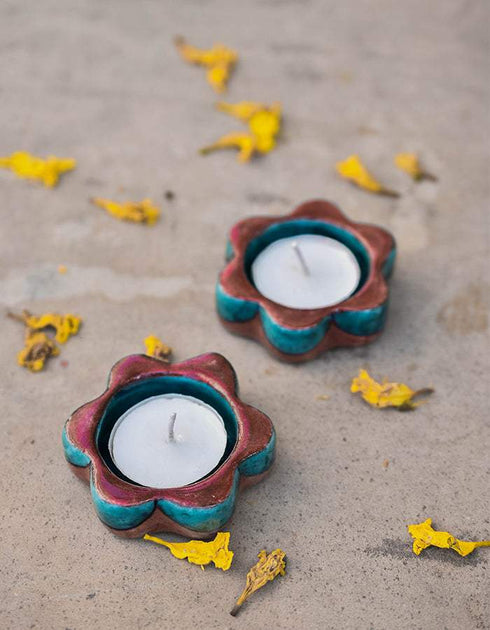 Blue Pottery T-Light Holder Set Of 2 Pcs.